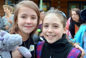 High Adventure: Yr 4/5 students Susha McRostie and Mia Coleman packed up and ready to go on the Woodman Point Camp on Tuesday.